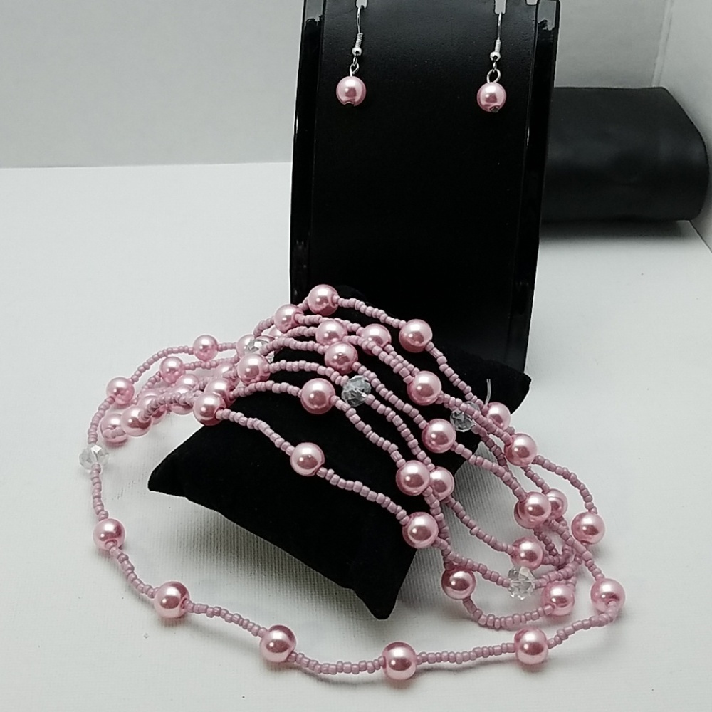 Pink & Clear Beaded 52" Necklace with Earrings Set